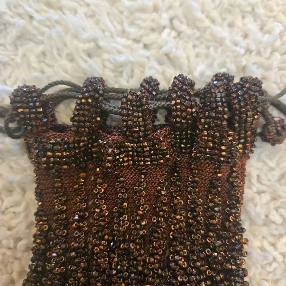 Antique Bronze Brown Bead Flapper Bag Drawstring Purse Pouch